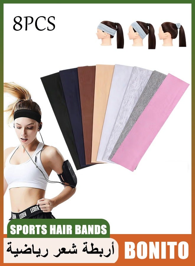 BONITO 8PCS Non Slip Fashion Sports Hair Bands, Soft Cotton Fabric Stretch Headbands for Man Women for Exercise, Yoga and Running - Image 1